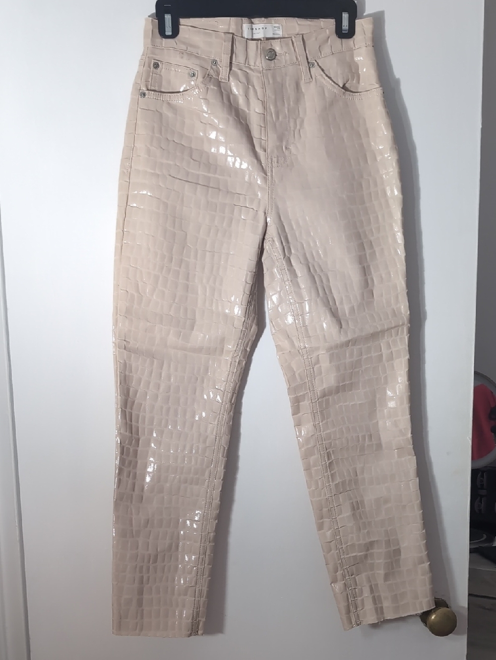 Topshop Cream Croc-Embossed Patent Straight-Leg Jeans